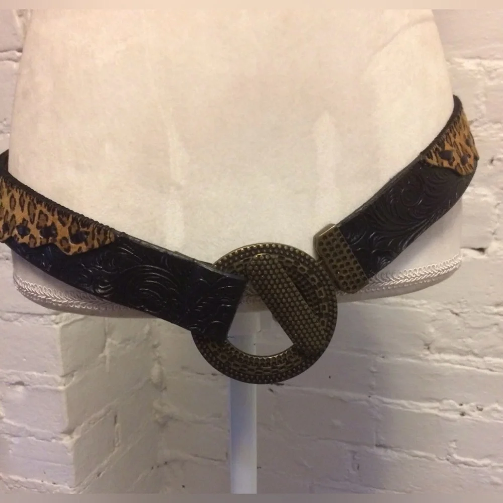 Chico's tooled black leather belt  Leopard Pattern etched brass buckle